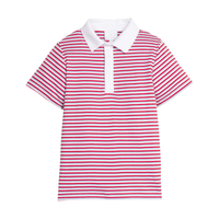 Red and white striped polo shirt with a white collar and front placket on a white background.