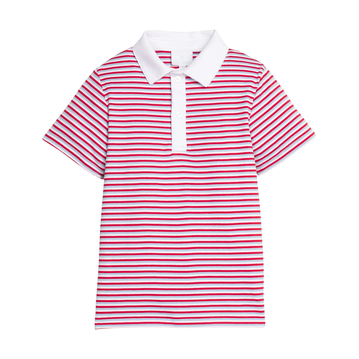 Red and white striped polo shirt with a white collar and front placket on a white background.