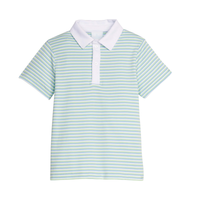 Striped green and white polo shirt with a white collar on a white background.