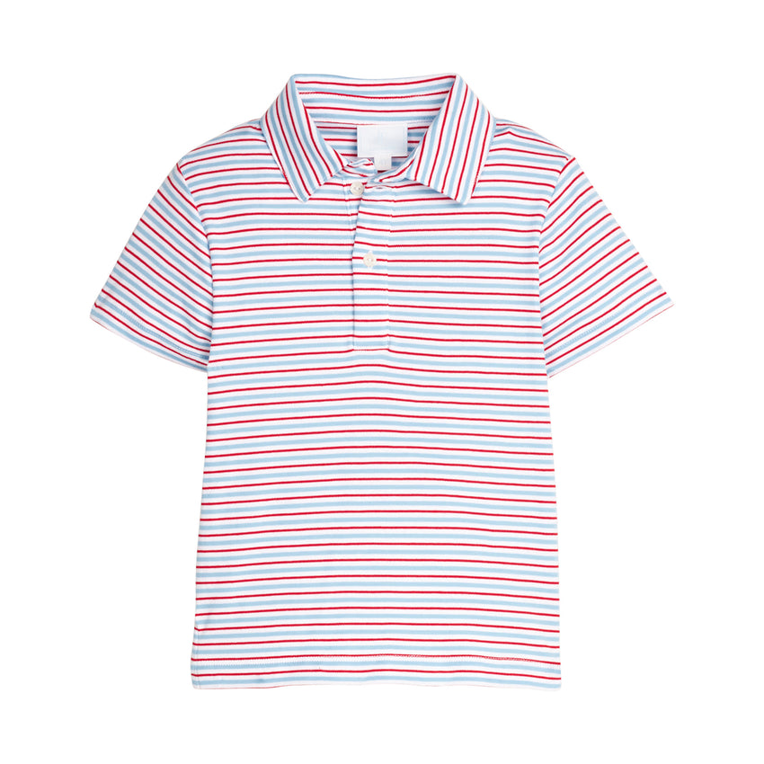 Striped polo shirt with red and blue lines on a white background.