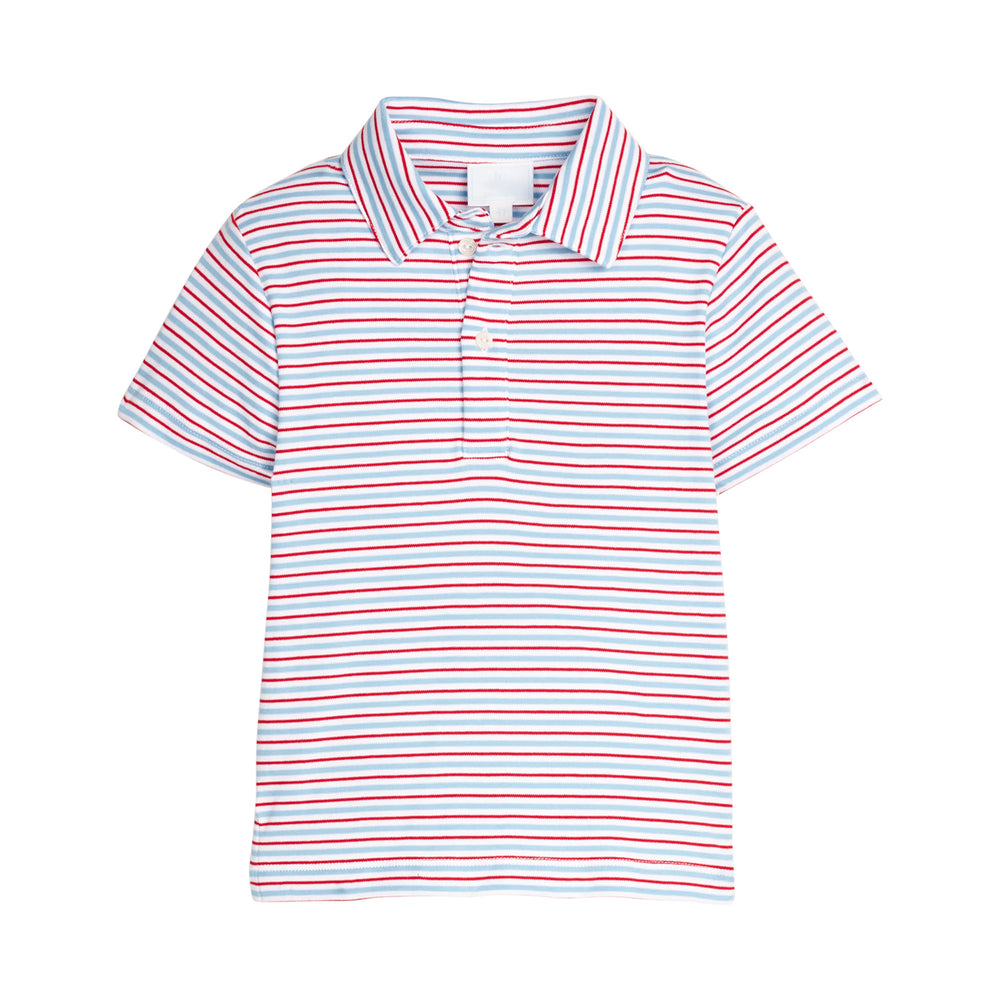 Striped polo shirt with red and blue lines on a white background.