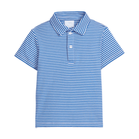 Blue and white striped polo shirt on a white background.