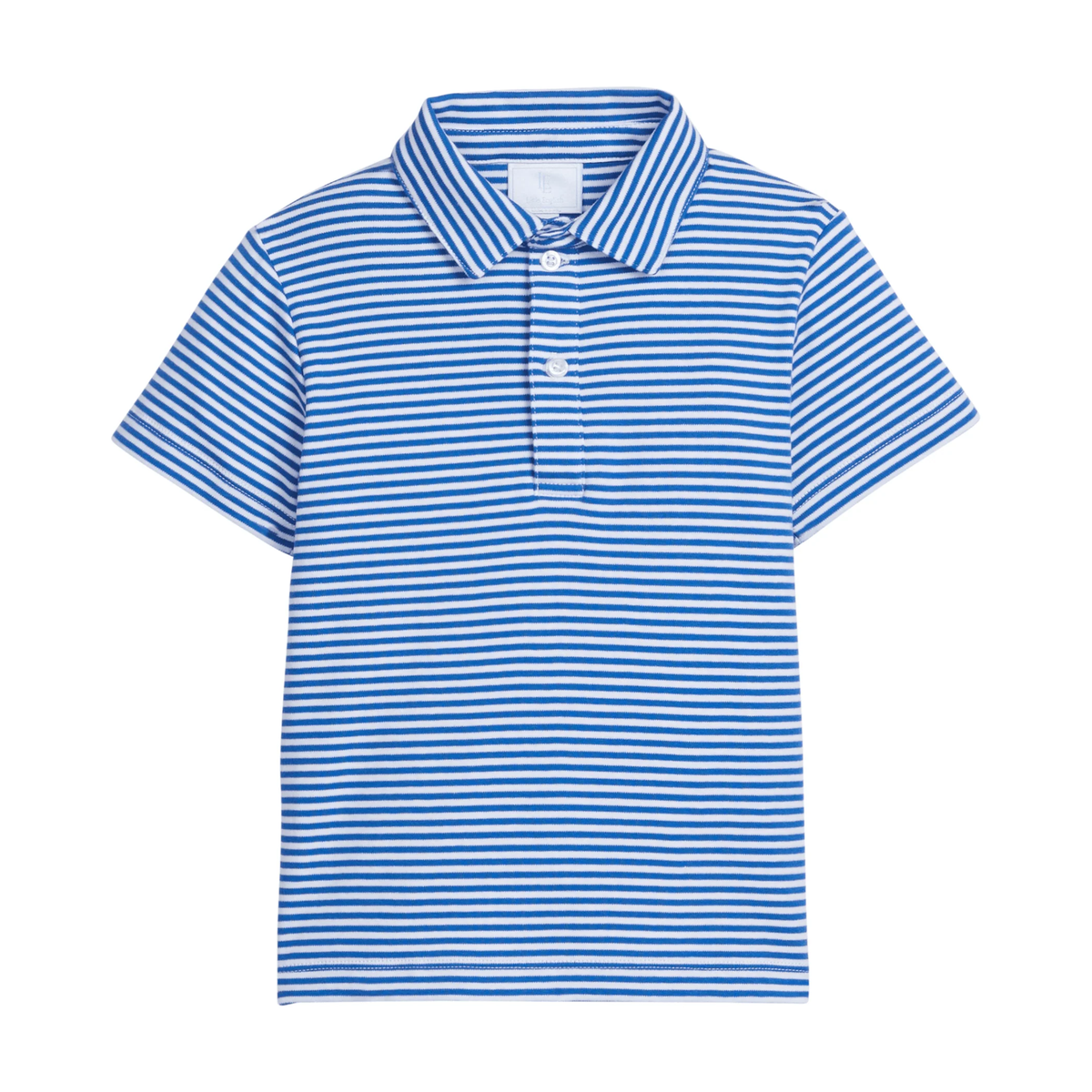 Blue and white striped polo shirt on a white background.
