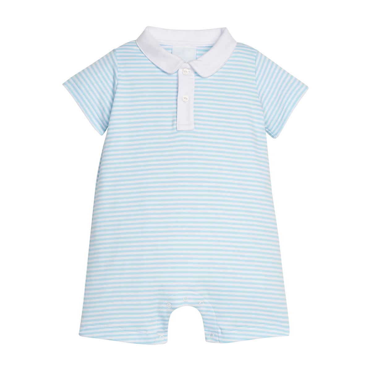Blue and white striped baby romper with a white collar on a white background.