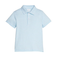 Light blue striped polo shirt on a white background.