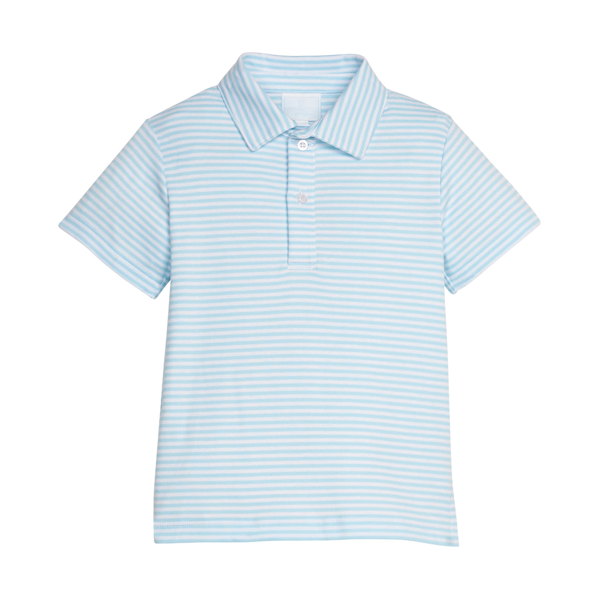 Light blue striped polo shirt on a white background.