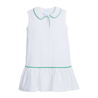 White dress with green trim on a white background.