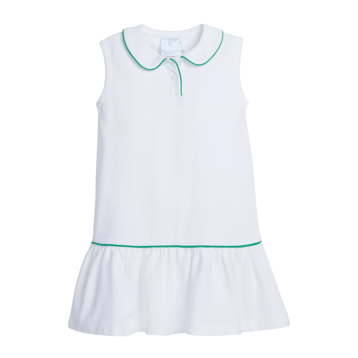White dress with green trim on a white background.