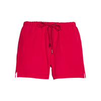 Red sport shorts with a drawstring on a white background
