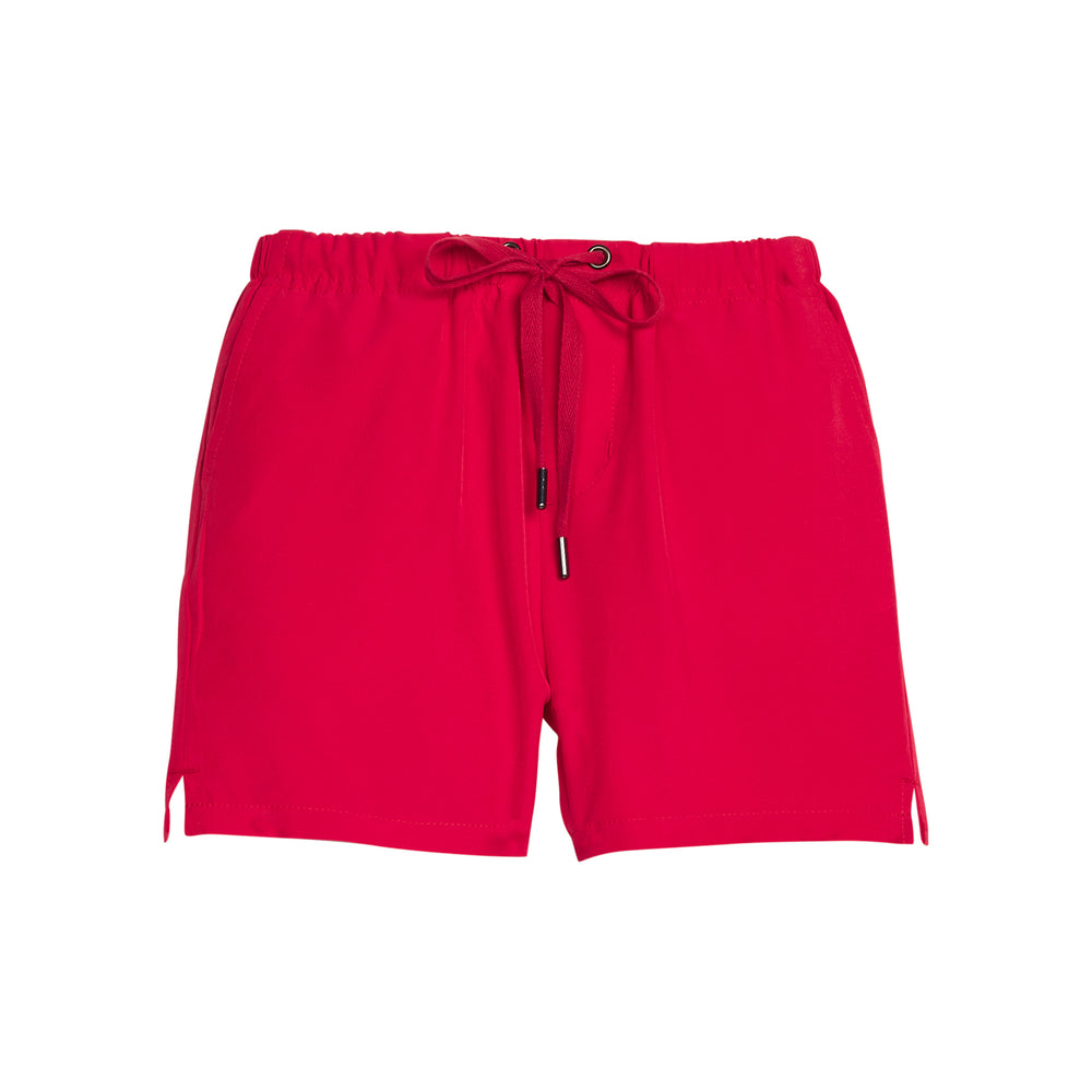 Red sport shorts with a drawstring on a white background