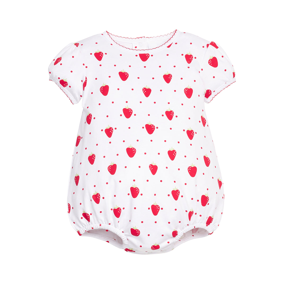 White baby romper with red strawberry patterns on a white background.