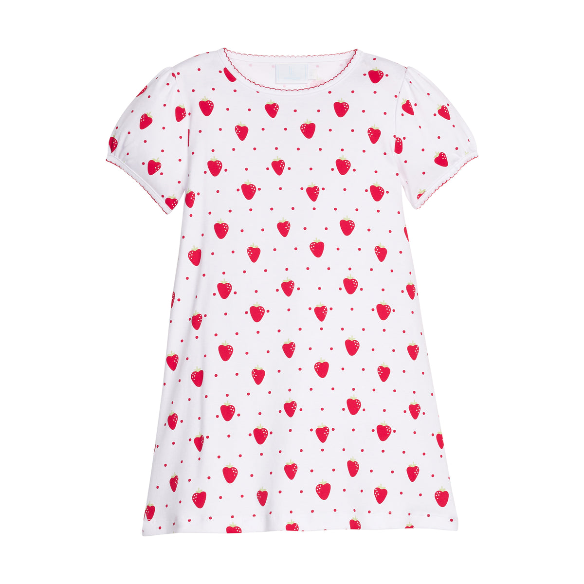 White dress with red strawberry pattern on a white background.