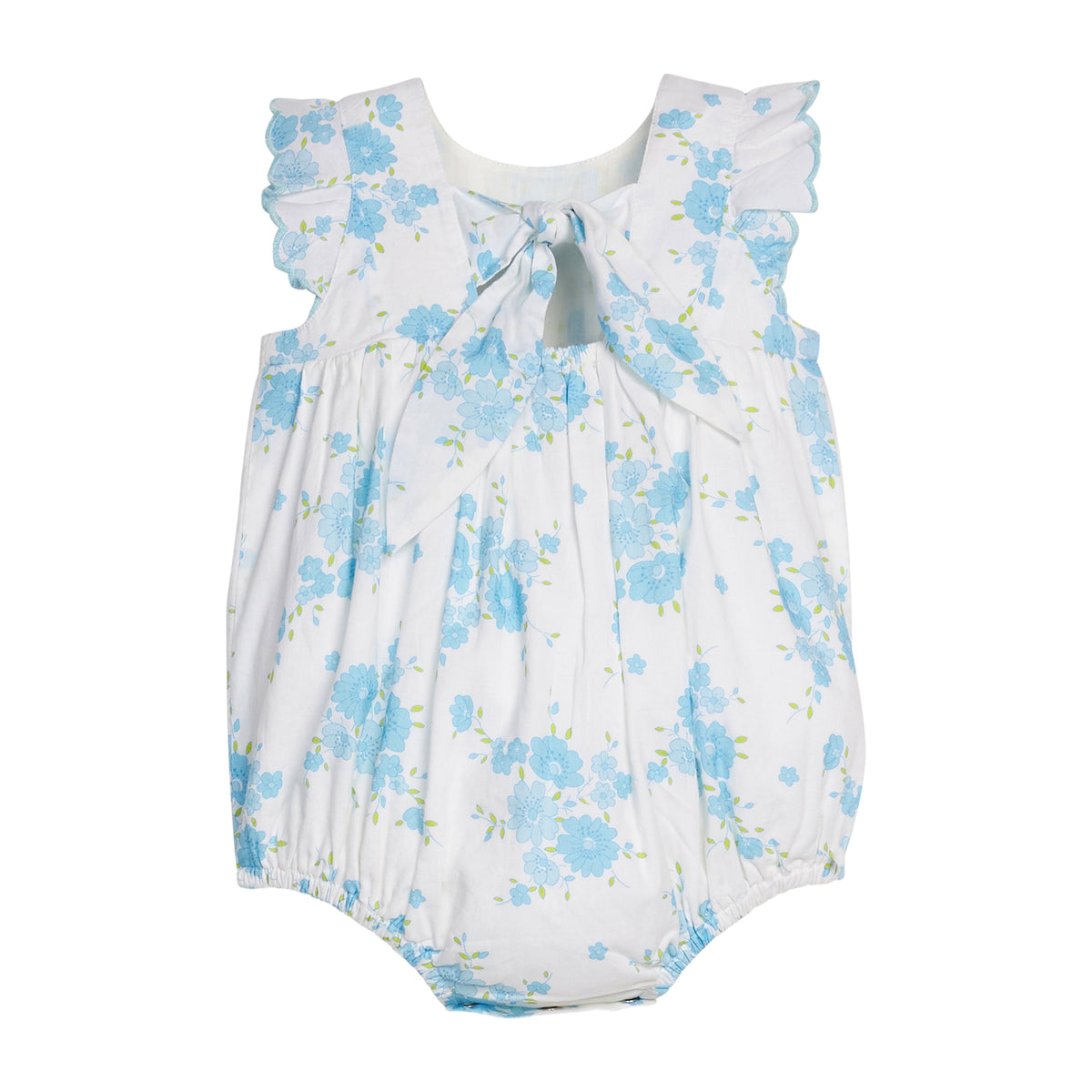 Back view of a baby romper with blue floral pattern and a bow on a white background.