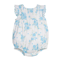 Baby romper with blue floral pattern on a white background.
