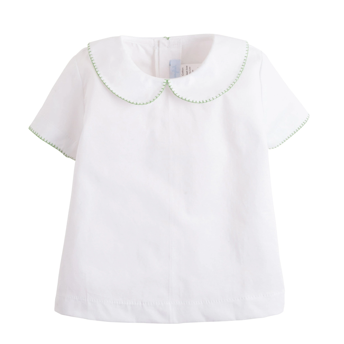 White shirt with a green color trim collar on a white background.