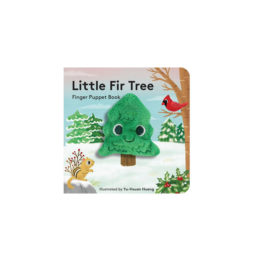 Little Fir Tree Finger Puppet Book, illustrated by Yu-Hsuan Huang. The book cover features a green felt pine tree with a smiling face, surrounded by a winter scene with a red cardinal, a squirrel, and snow-covered trees.