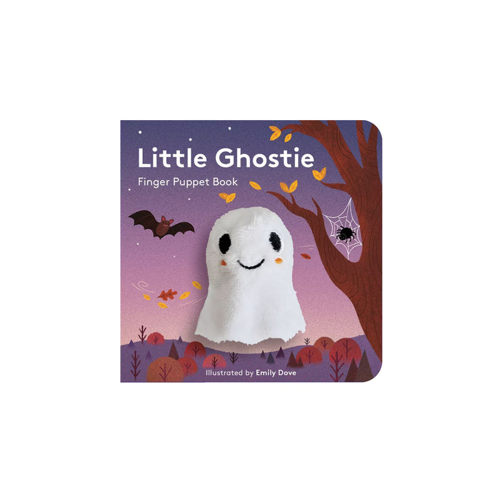 Little Ghostie Finger Puppet Book by Emily Dave, featuring a white plush ghost finger puppet on a colorful Halloween-themed book cover with a purple sky, tree, bats, and spiderwebs.