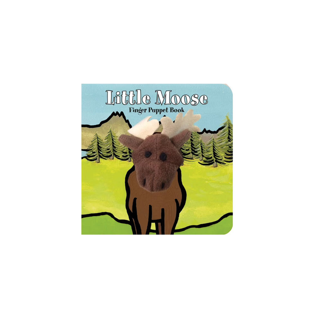Little Moose Finger Puppet Book featuring a finger puppet moose in a green field with pine trees and mountains under a blue sky.