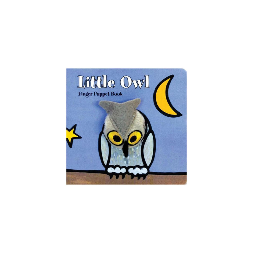 Little Owl Finger Puppet Book featuring a gray owl with yellow eyes on a blue cover, shown against a plain white background.