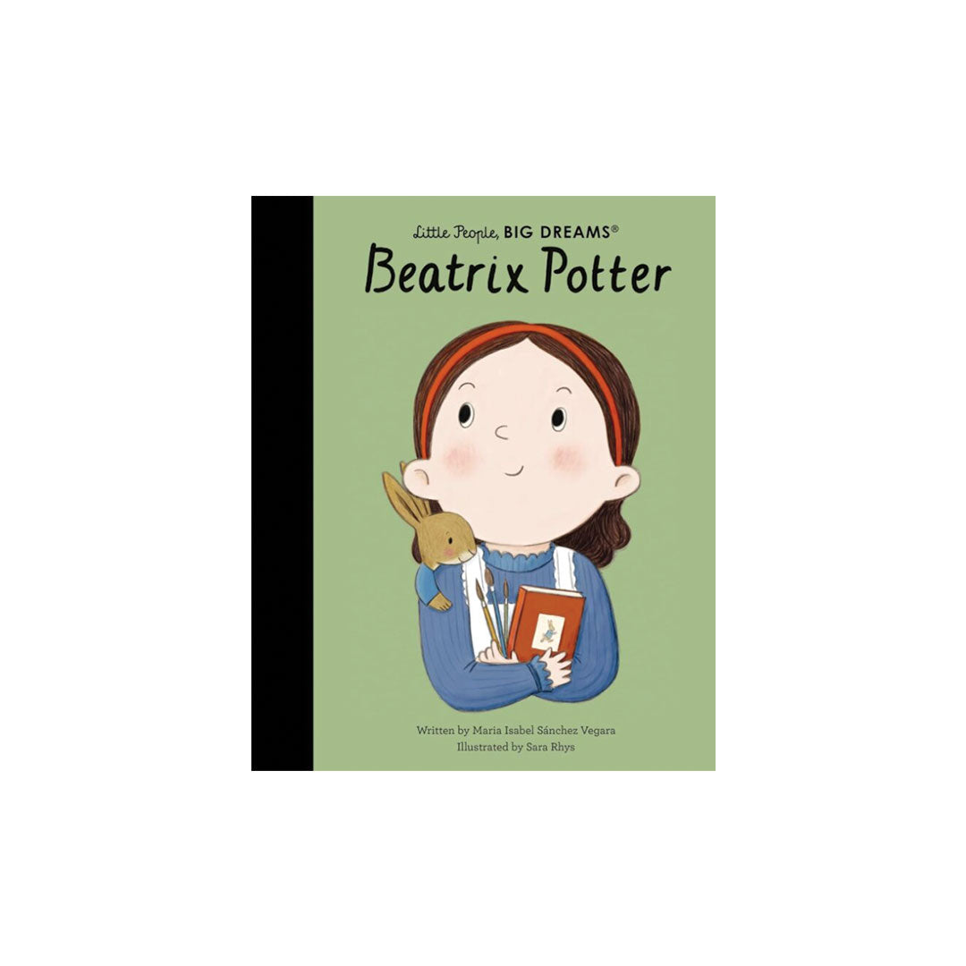 Book cover of 'Beatrix Potter' with an illustration of a girl holding a rabbit and books on a green background.