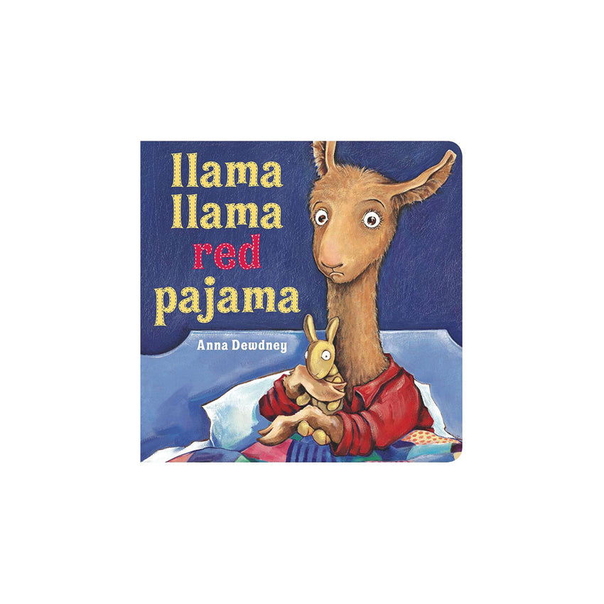 Children's board book titled 'llama llama red pajama' by Anna Doudney, featuring an illustration of a llama in a red pajama holding a rabbit on a blue background.