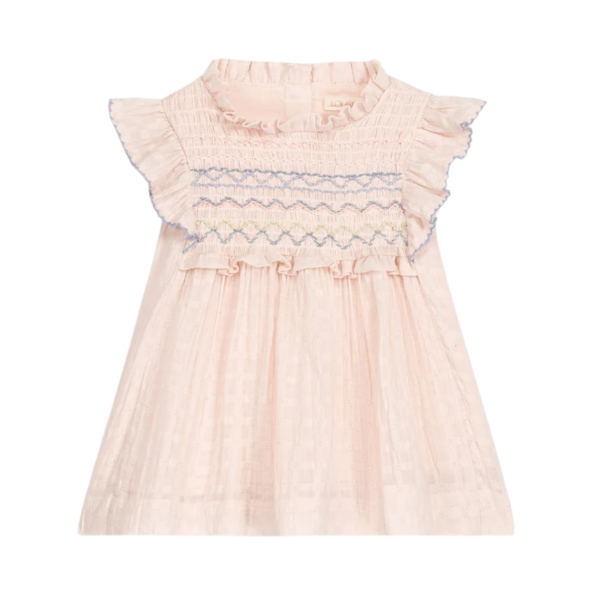 Soft pink dress with ruffles and embroidery across the bodice on a white background.