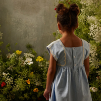 Blue dress with white trim and back buttons in a garden setting.
