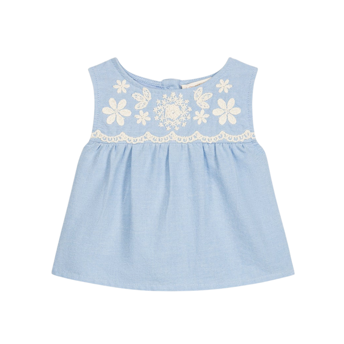Light blue blouse with floral embroidery on a white background.