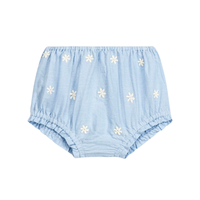 Light blue baby bloomers with white floral patterns on a white background.