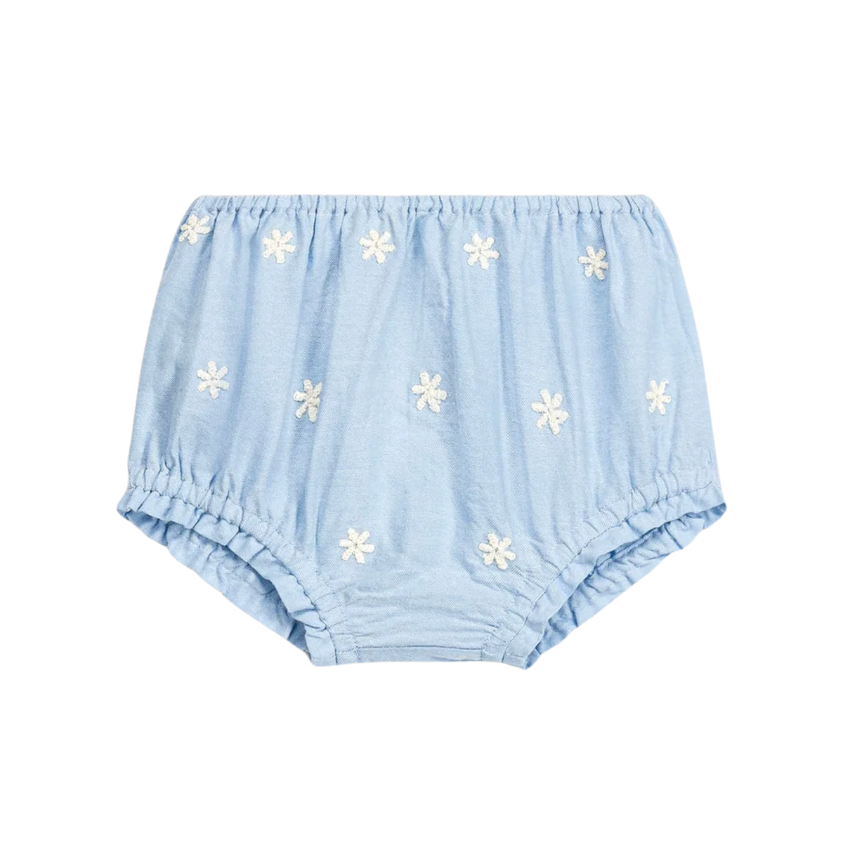 Light blue baby bloomers with white floral patterns on a white background.