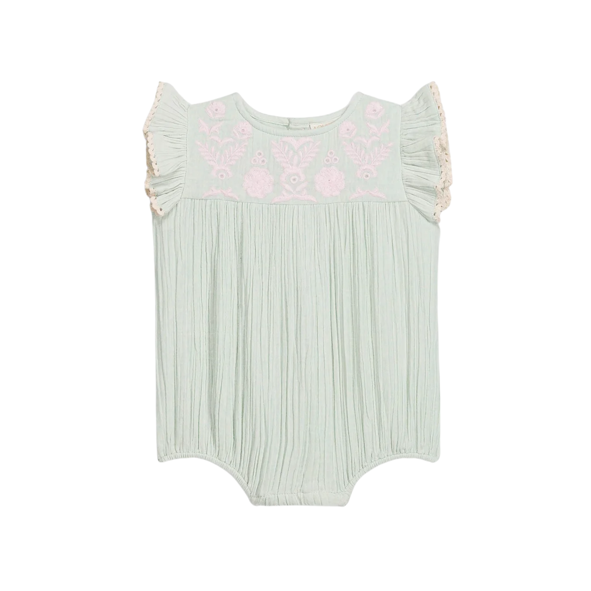 Light green baby romper with floral embroidery on a white background.