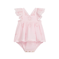 Pink baby romper and bloomers with ruffled sleeves on a white background.