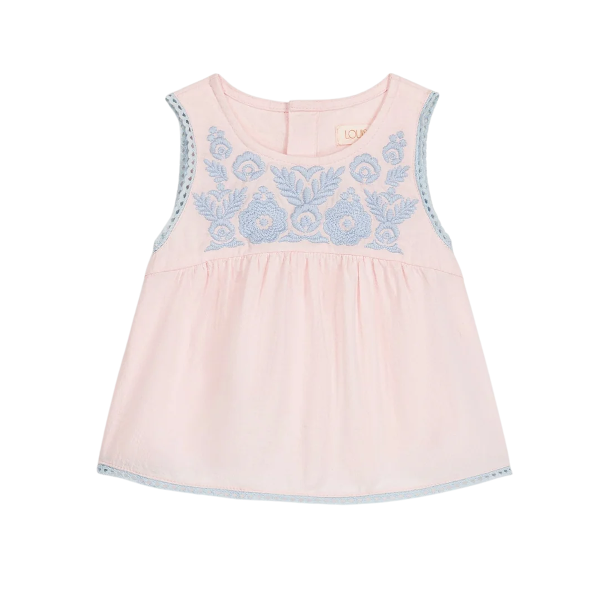 Pink top with blue floral embroidery on a white background.