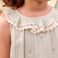 Light green blouse with lace trim and floral embroidery on a blurred background.