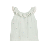 Light green top with ruffled neckline on a white background.
