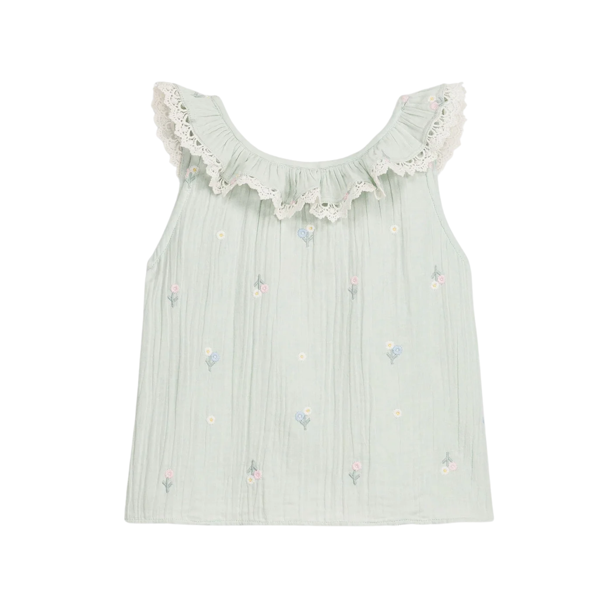 Light green top with ruffled neckline on a white background.