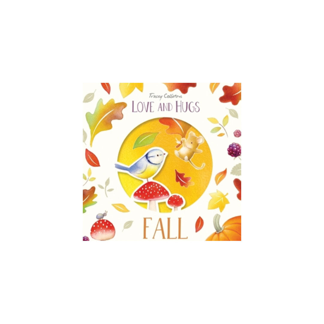 A square book cover featuring autumn illustrations: a blue bird, small cat, mushrooms, leaves, acorns, and the words 'Fancy Collection', 'LOVE AND HUGS', and 'FALL' on a white background.