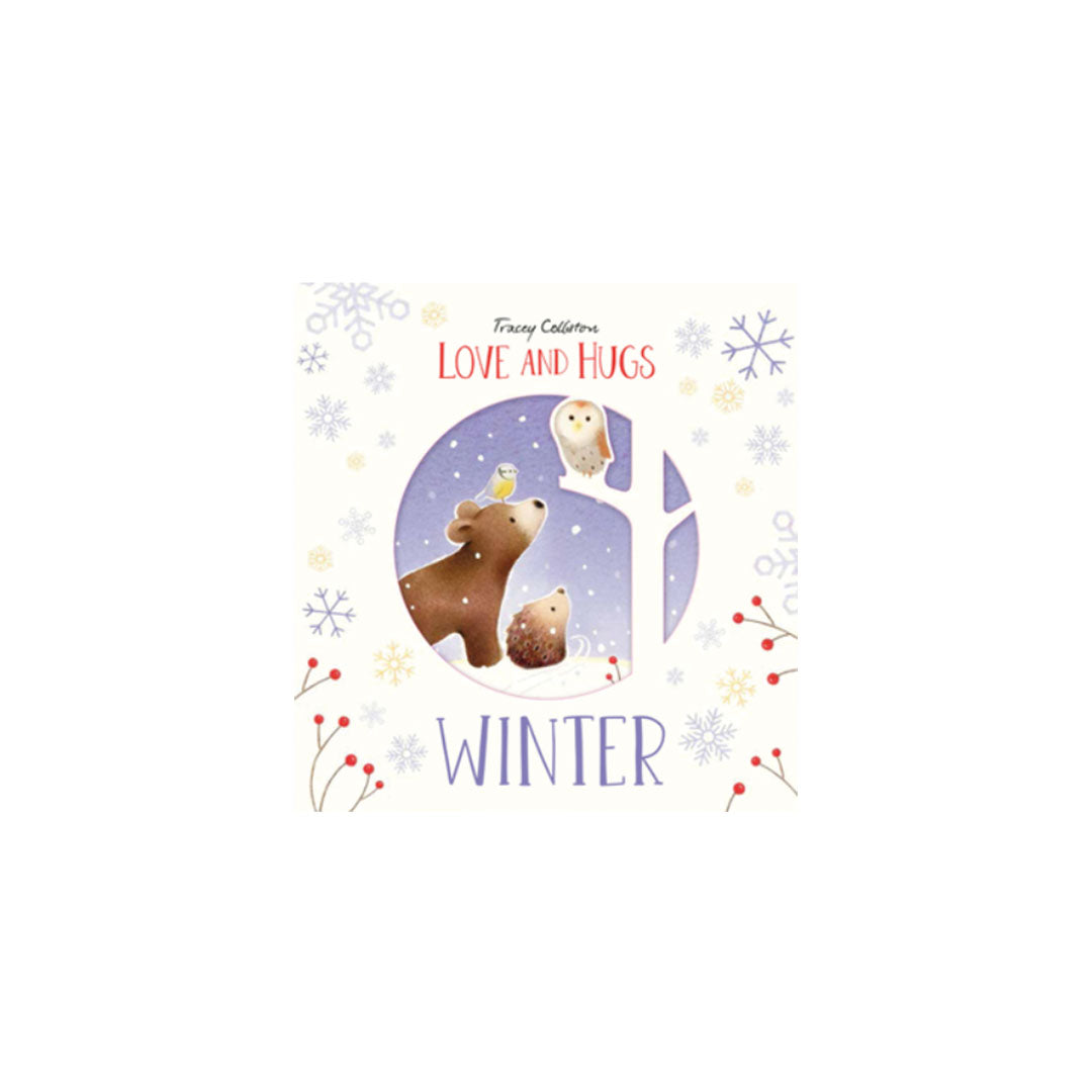 A children's board book titled 'Love and Hugs Winter' by Tricia Collinson, featuring a whimsical winter illustration with a bear, hedgehog, owl, and snowflakes on a white background.