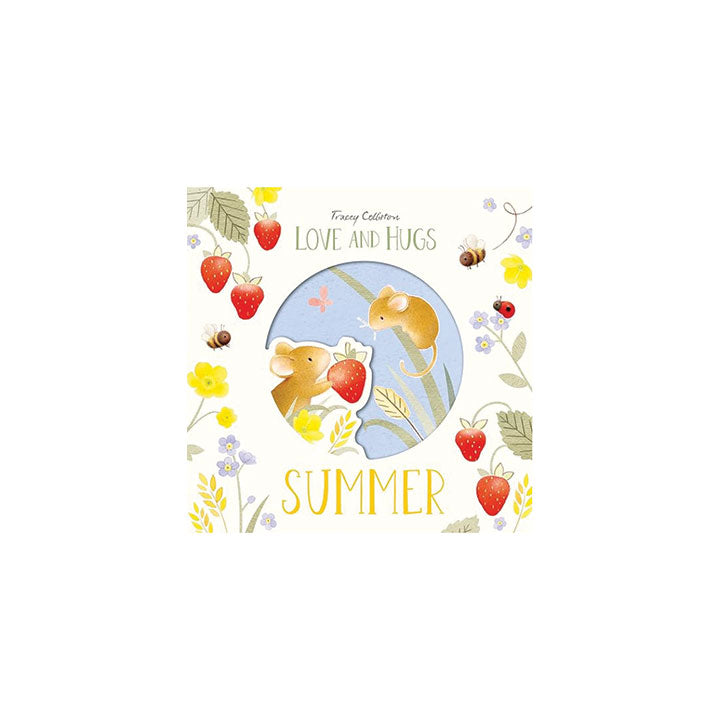 Book cover  with cartoon animals, strawberries, and flowers with 'Love and Hugs Summer' title on a white background.