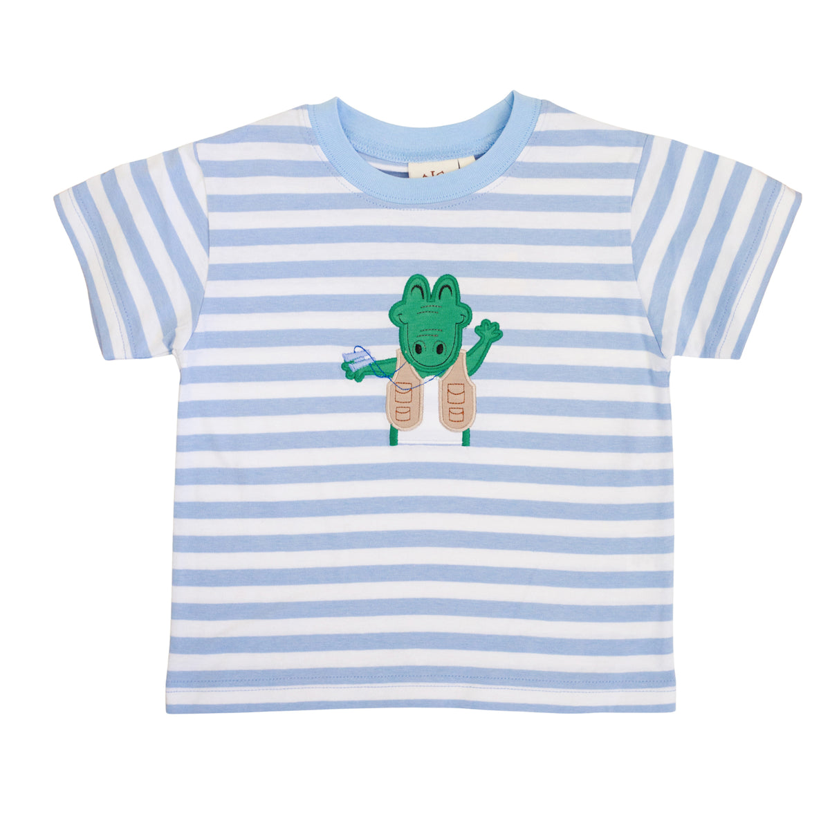Blue and white striped t-shirt with a green frog wearing a vest design on a white background.