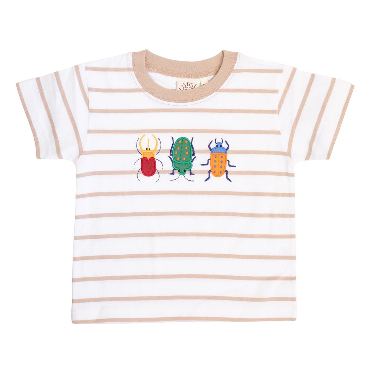 Striped t-shirt with three colorful beetle designs on a white background.