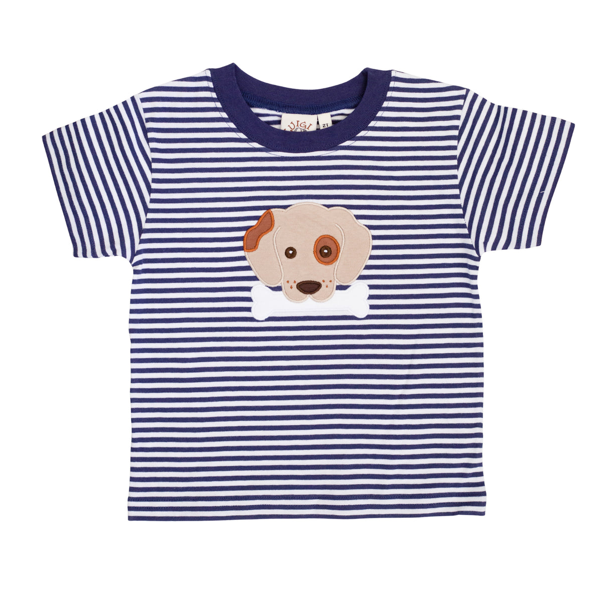 Navy and white striped t-shirt with a dog graphic on a white background.