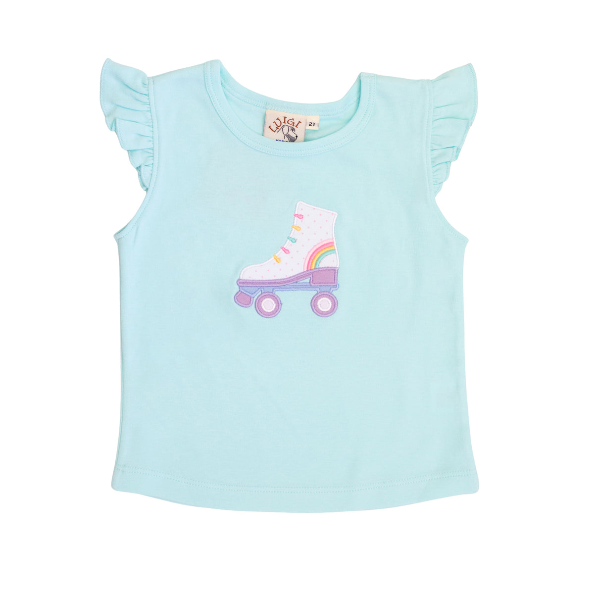 Light blue sleeveless top with a roller skate and rainbow design on a white background.