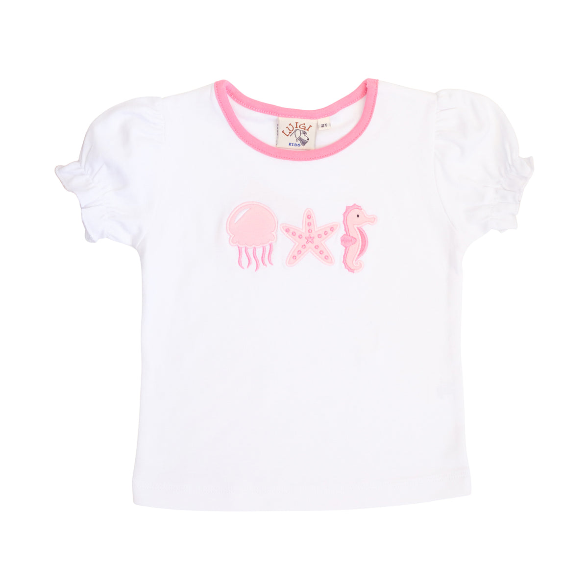 White t-shirt with pink trim and sea-themed graphics on a white background.