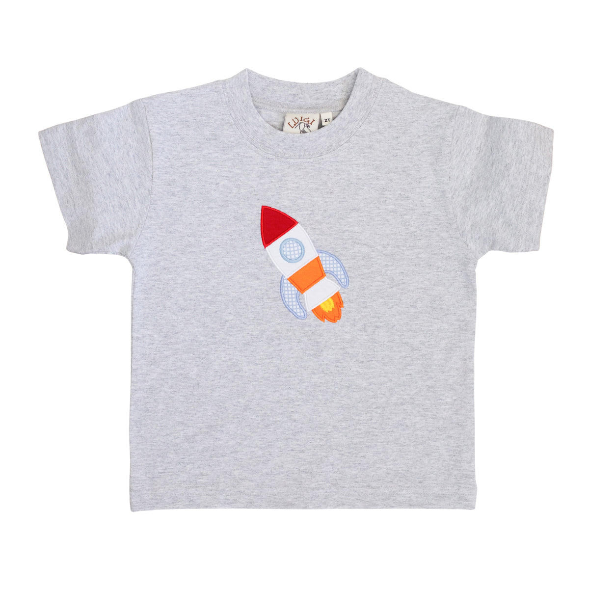 Gray t-shirt with a colorful rocket design on a white background.