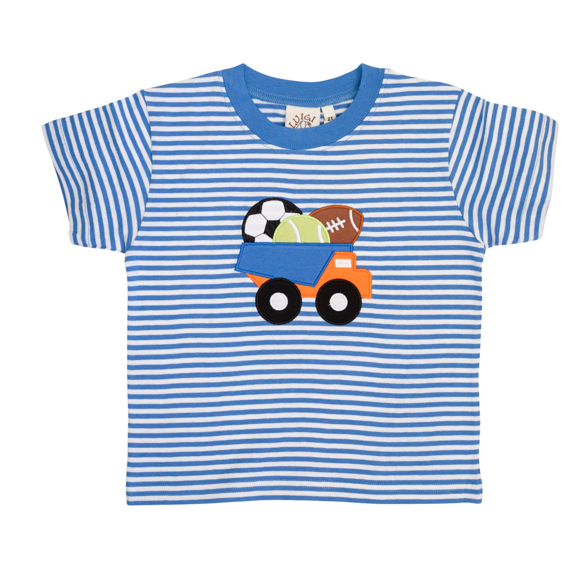 Blue and white striped t-shirt with a dump truck graphic carrying sports balls on a white background.