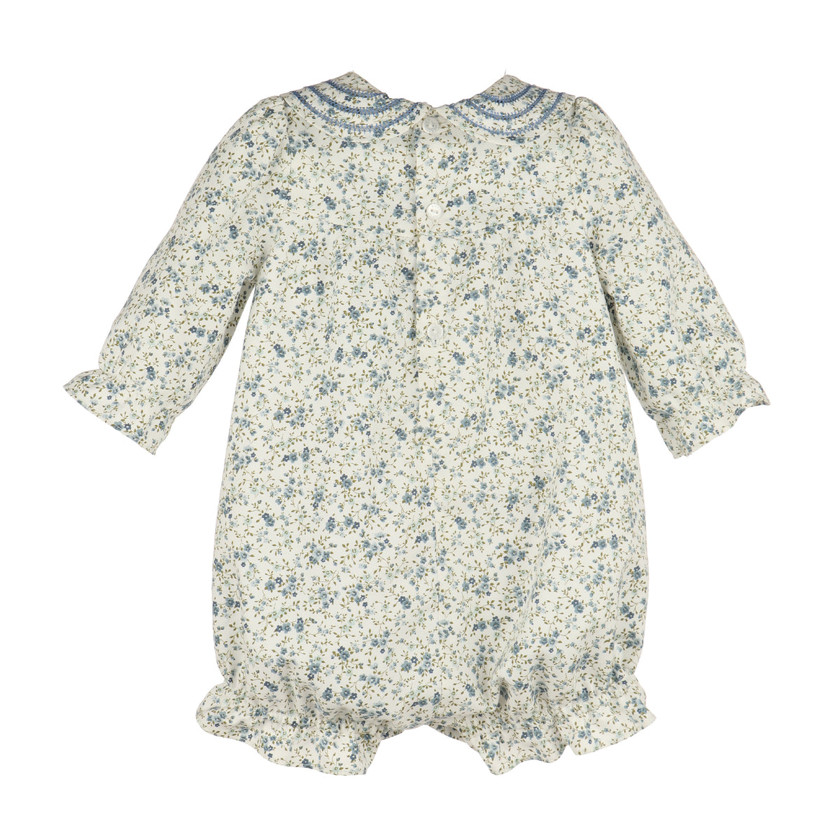 A baby romper with a dense blue and green floral print on a cream background, featuring a Peter Pan collar with blue trim, buttoned back, and ruffled cuffs and leg hems.