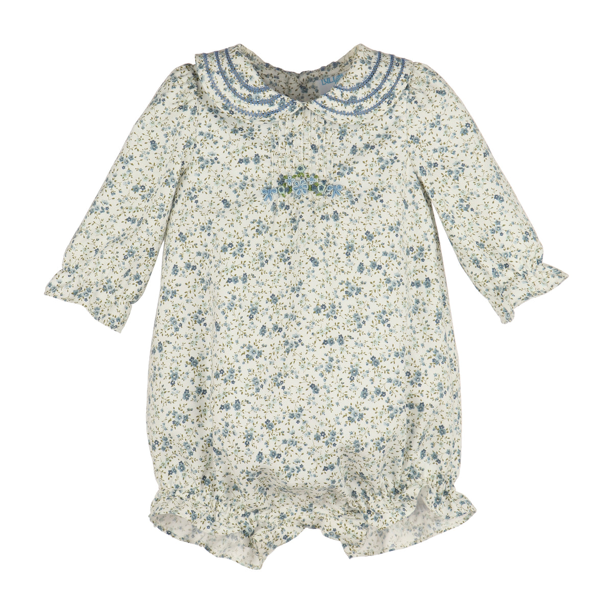 A baby long-sleeve romper in a cream-colored fabric with a blue and green floral print, featuring a ruffled Peter Pan collar and a small embroidery on the chest.