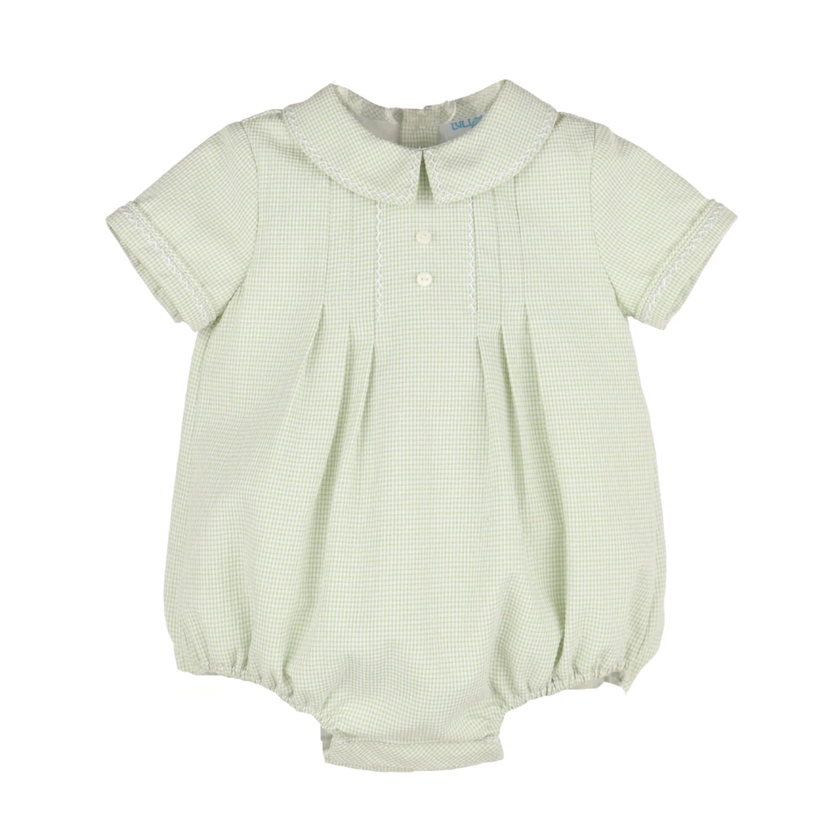 Green checkered baby romper on a white background.