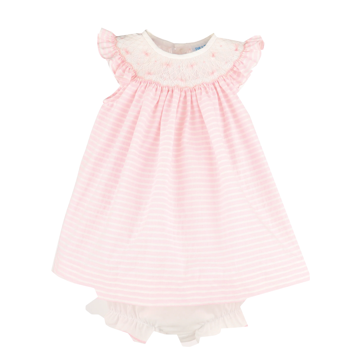 Pink and white striped sleeveless dress with ruffles and bloomers on a white background.
